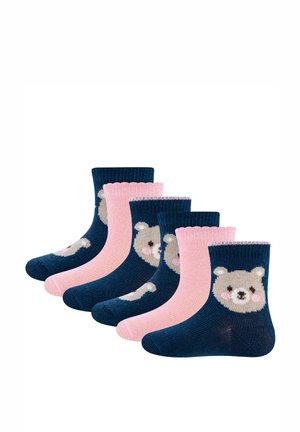 Set aus fünf Socken mit zwei rosa und drei marineblauen Designs, alle mit Bärengesichtsmustern. Gerippte Bündchen und weiche Textur.