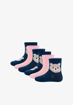 Set aus fünf Socken mit zwei rosa und drei marineblauen Designs, alle mit Bärengesichtsmustern. Gerippte Bündchen und weiche Textur.