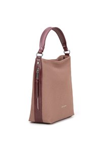 Borsa a mano in tessuto testurizzato rosa con manico in pelle bordeaux e zip laterale. Caratterizzata da un design minimalista con dettagli in metallo.