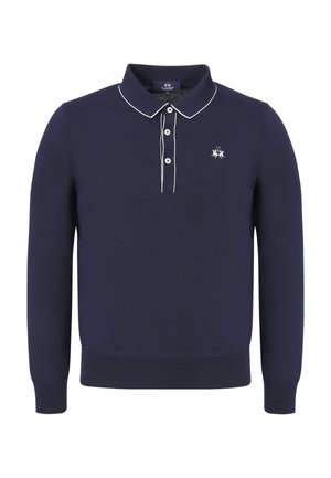 Granatowy polo z długim rękawem z białym obszyciem na kołnierzu i listwie z guzikami, z małym haftowanym logo na lewej piersi.