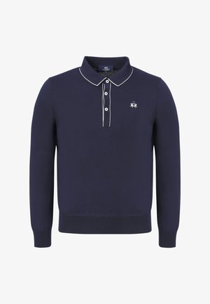 Marineblaues Langarm-Poloshirt mit weißer Einfassung am Kragen und an der Knopfleiste, mit kleinem besticktem Logo auf der linken Brust.