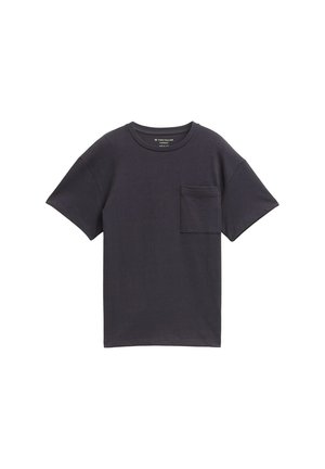 Marineblauwe katoenen t-shirt met een ronde hals, korte mouwen en een borstzakje. Zachte stof, standaard pasvorm en geen zichtbare patronen.