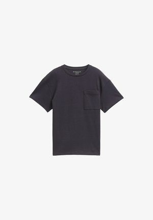 Marineblauwe katoenen t-shirt met een ronde hals, korte mouwen en een borstzakje. Zachte stof, standaard pasvorm en geen zichtbare patronen.