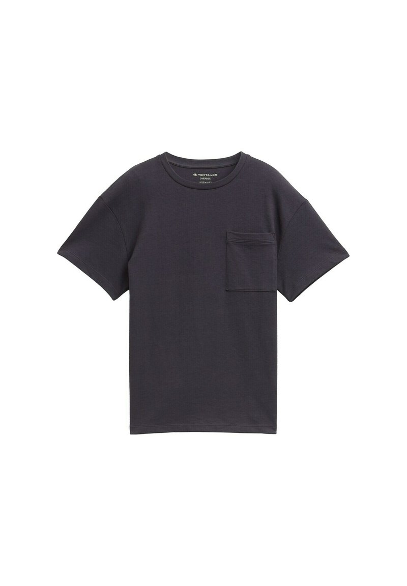 Marineblaue Baumwoll-T-Shirt mit Rundhalsausschnitt, kurzen Ärmeln und einer einzelnen Brusttasche. Weicher Stoff, normale Passform und keine sichtbaren Muster.