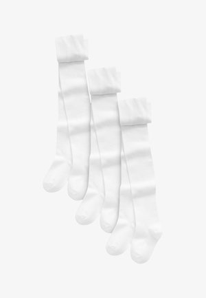 Satz von vier knielangen weißen Socken, hergestellt aus einem weichen, glatten Stoff. Jedes Paar verfügt über einen umgeschlagenen Bund und eine nahtlose Zehenpartie.
