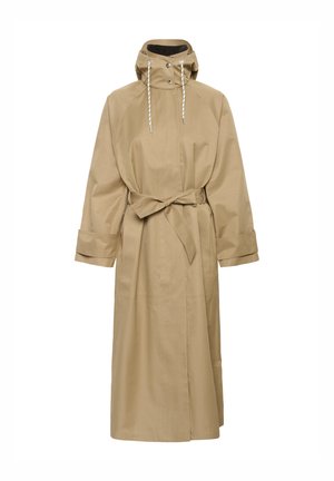 Beigenvärinen pitkä trenssitakki säädettävällä hupulla, edessä napit, kiristysnyörit, leveät hihat ja solmittava vyötärönauha.