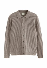 Cardigan cu striații din amestec de lână de culoare bej deschis, cu guler ascuțit, închidere cu butoane în față și mâneci lungi cu mansete ajustate.