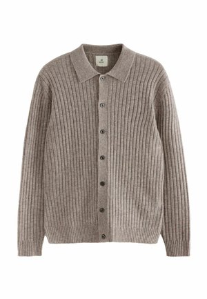 Rippstrick-Cardigan aus leichtem braunem Wollmix mit einem spitzen Kragen, vorderem Knopfverschluss und langen Ärmeln mit engen Bündchen.