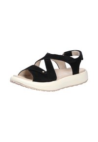 Sandalo in suede nero con cinturini incrociati e tacco chiuso. Presenta una soletta imbottita e una suola spessa di colore chiaro con grip testurizzato.