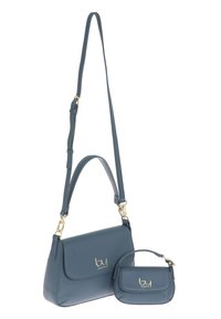 Borsa a tracolla in pelle blu con logo dorato, dotata di una lunga tracolla regolabile, texture liscia e una pochette abbinata più piccola.