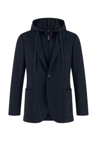 Laivaston sininen takki, jossa on huppu ja vetoketju edessä, kaksi suurta paikkataskua, napillinen suljenta ja jämäkkä malli.