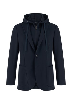 Granatowa kurtka z kapturem i przednim zamkiem błyskawicznym, wyposażona w dwie duże naszywane kieszenie, zapinana na guziki, o usztywnionej konstrukcji.