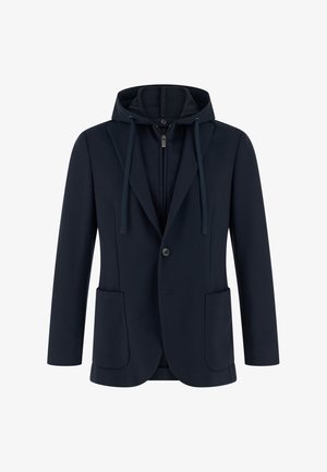 Marineblaue Jacke mit Kapuze und Frontreißverschluss, ausgestattet mit zwei großen aufgesetzten Taschen, Knopfverschluss und einem strukturierten Design.