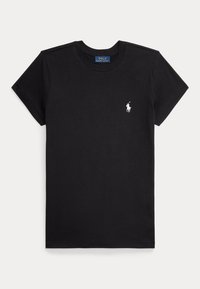 Must lühikeste varrukatega ümarakaelusega T-särk väikese valge Polo Ralph Laureni logoga vasakul rinnal ja sinise brändisildiga krae sees.