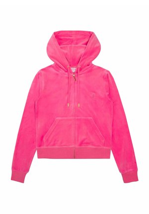 Zip-up hoodie, soft pink velour fabric, large hood, front pockets, gold hardware accents, ribbed cuffs and hem. No visible logos.