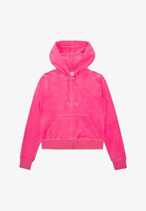 Rits-hoodie, zachte roze velours stof, grote capuchon, voorzakken, gouden hardware accenten, geribbelde manchetten en zoom. Geen zichtbare logo's.