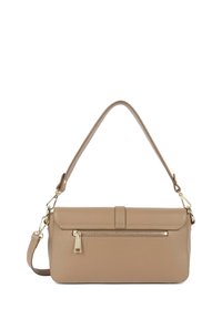 Tan leather handbag with a zippered front pocket, a short handle, and a detachable shoulder strap. Smooth texture and gold hardware accents.