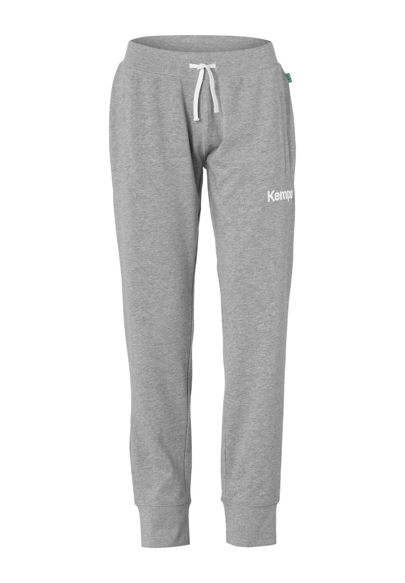 Grå bomulds sweatpants med snor i taljen, tapered ben og hvid "Kemp" logo trykt på venstre side. Blød tekstur og afslappet design.