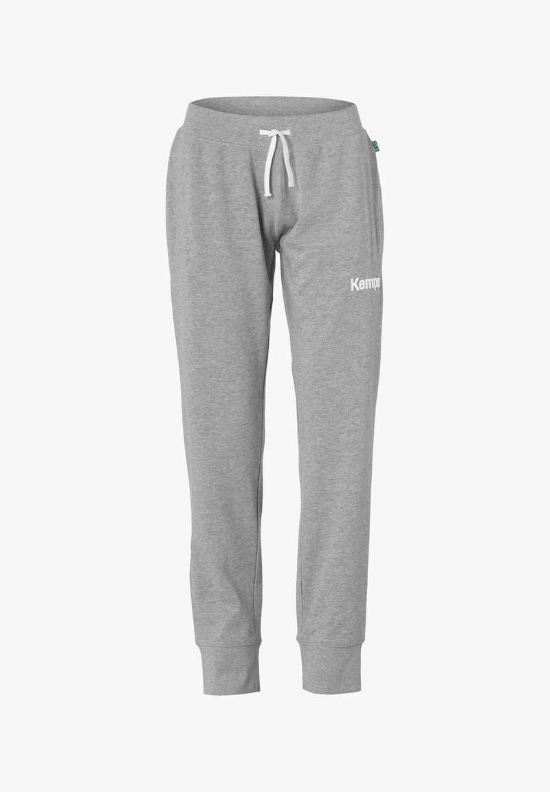 Graue Baumwoll-Sweatpants mit einem Kordelzugbund, tapered Beinen und dem weißen "Kemp"-Logo auf der linken Seite gedruckt. Weicher Stoff und lässiges Design.