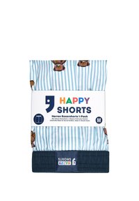Mannen boxershorts in medium maat met blauwe en witte strepen en een patroon van teddyberen, gelabeld met de tekst "Happy Shorts" in multicolor.