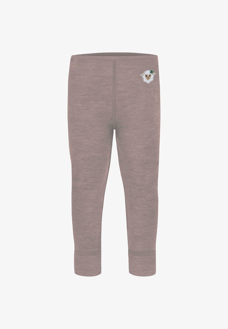 Hellbraune Leggings aus weichem Stoff, mit einem gestickten Schafdesign auf der Vorderseite. Lang mit einem engen Knöchelabschluss.