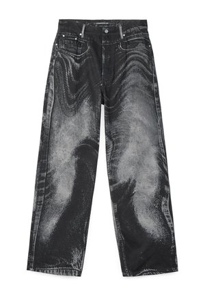 Schwarze Jeans mit weitem Bein mit gebleichtem, abstraktem Muster, vorderer Knopf- und Reißverschluss und Fünf-Taschen-Design.