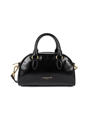 Borsa a mano in pelle nera con forma arrotondata, doppi manici superiori e tracolla removibile. Presenta dettagli in hardware color oro e accenti con logo.