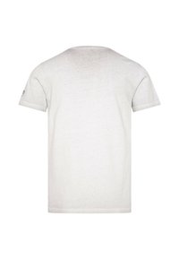 Weißes Baumwoll-T-Shirt mit kurzen Ärmeln, Rundhalsausschnitt und glatter Textur. Die Rückansicht zeigt ein dezentes Markenetikett in der Nähe des Ausschnitts.