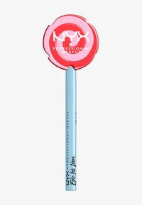 NYX Professional Makeup flüssiger Eyeliner mit blauem Gehäuse und einem runden pinkfarbenen Deckel, der ein Spiralmuster und ein markantes weißes Logo zeigt.