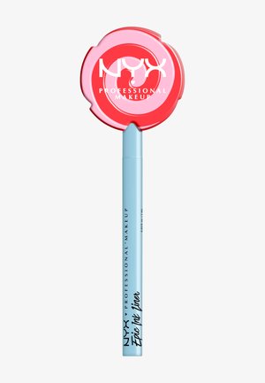 NYX Professional Makeup flüssiger Eyeliner mit blauem Gehäuse und einem runden pinkfarbenen Deckel, der ein Spiralmuster und ein markantes weißes Logo zeigt.