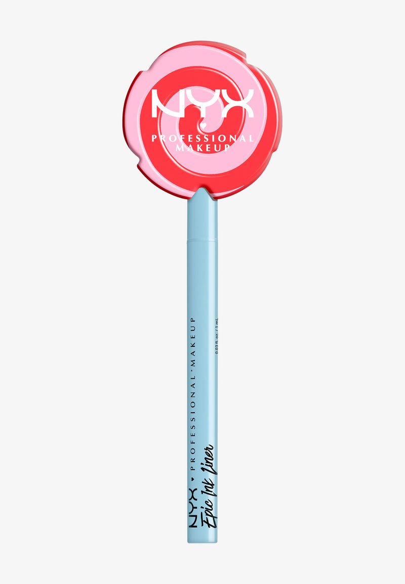 NYX Professional Makeup flüssiger Eyeliner mit blauem Gehäuse und einem runden pinkfarbenen Deckel, der ein Spiralmuster und ein markantes weißes Logo zeigt.