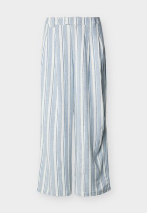 Weit geschnittene Hosen mit vertikalen blau-weißen Streifen, Falten an der Taille und einem hoch sitzenden Bund.