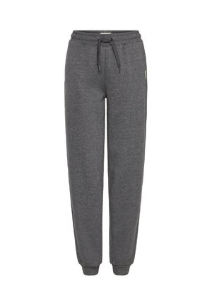 Pantalons de survêtement gris foncé avec taille à cordon et poignets élastiques, fabriqués en tissu doux et confortable pour un usage décontracté.