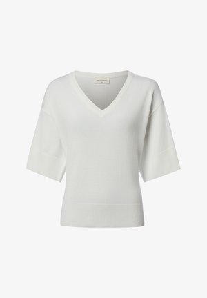 Pull en maille blanc à col en V et manches courtes avec poignets et ourlet côtelés, fabriqué en tissu doux, présenté sur un fond uni.
