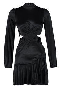 Robe mini noire en satin à manches longues avec col montant, devant torsadé, découpes latérales et ourlet à volants.