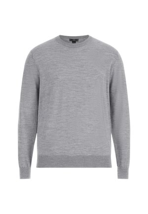 Pelēka džemperis, izgatavots no mīksta adījumam līdzīga materiāla, ar apaļu kakla izgriezumu, garām piedurknēm un ribotām aprocēm un apakšmalu. Nav redzamu rakstu vai akcentu.