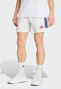 Witte atletische korte broek met rood- en blauwgekleurde Adidas-logo's, gecombineerd met witte sneakers en sokken, met een glad, lichtgewicht materiaal.