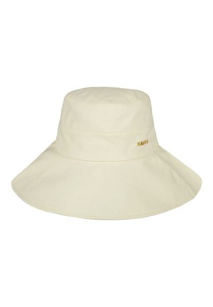 Beżowy kapelusz typu bucket z szerokim rondem, o delikatnej teksturze i małym złotym logo "BARTS" po stronie, zaprojektowany do ochrony przed słońcem.