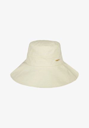 Beżowy kapelusz typu bucket z szerokim rondem, o delikatnej teksturze i małym złotym logo "BARTS" po stronie, zaprojektowany do ochrony przed słońcem.