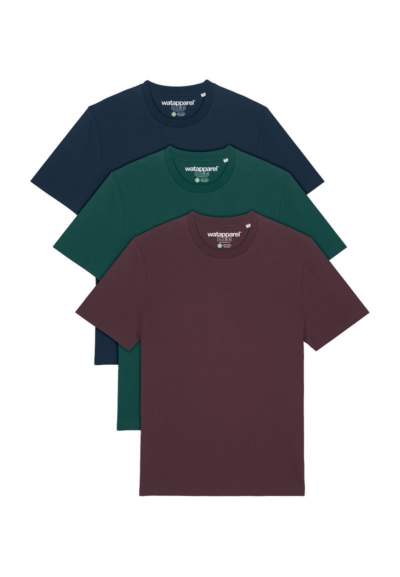 Drei Kurzarm-T-Shirts in Marineblau, Grün und Bordeaux. Hergestellt aus Baumwolle mit Rundhalsausschnitt und regulärer Passform.