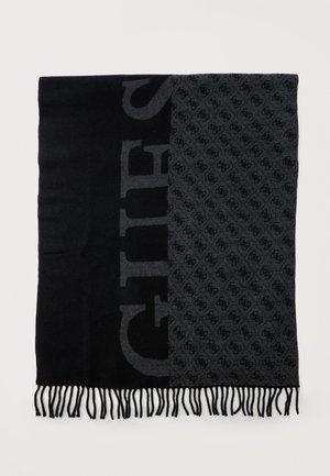 Écharpe noire et gris foncé avec un grand texte partiel d'un côté et des petits logos à motifs répétés de l'autre, bords frangés en bas.