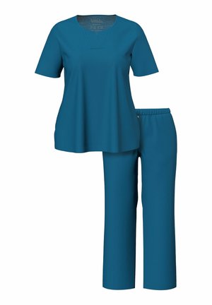 Completo di divise mediche blu verde petrolio con top a maniche corte con scollo a V e pantaloni a gamba dritta con vita elastica, progettato per operatori sanitari.