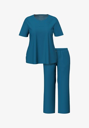 Completo di divise mediche blu verde petrolio con top a maniche corte con scollo a V e pantaloni a gamba dritta con vita elastica, progettato per operatori sanitari.