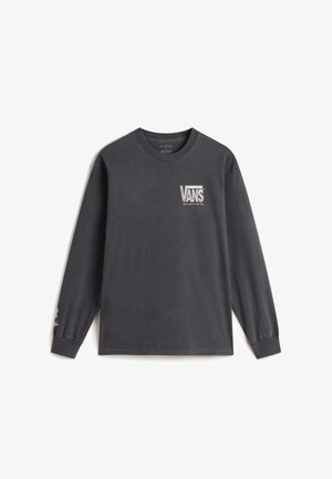 Long-sleeve t-shirt in dark gray cotton, featuring a white Vans logo on the front and subtle graphic accents on the sleeve.