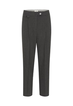 Pantaloni grigi a righe con un design a gamba dritta, dotati di chiusura frontale con bottone e una tasca laterale singola. Tessuto con una texture liscia.