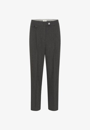 Sive hlače s prugastim uzorkom i ravnim krojem, s prednjim zatvaranjem na dugme i jednom bočnom džepom. Glatka tekstura tkanine.