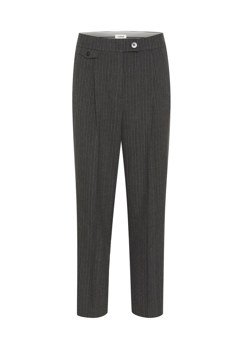 Un pantalon gris à rayures fines avec une coupe droite, doté d'une fermeture à bouton sur le devant et d'une poche latérale unique. Texture de tissu lisse.