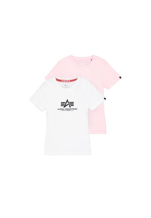 Zwei Kurzarm-T-Shirts, eines weiß mit einem schwarzen Logo und eines rosa, aus Baumwolle, mit einem runden Halsausschnitt und einfachem Design.