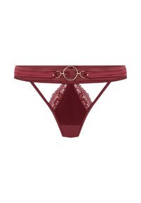 Burgunderroter Spitzen- und Mesh-String, mit einem Satinband, einem runden goldenen Akzent und zarter Spitzenverzierung am Rücken für zusätzliche Details.