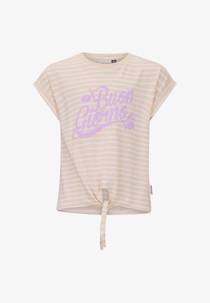 Haut à manches courtes beige et blanc à rayures avec le texte lavande "Buon Giorno" et un nœud noué à l'ourlet avant.